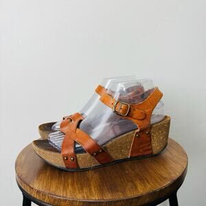 Women’s Brown Leather Cork Wedge Strappy Sandal Size 9